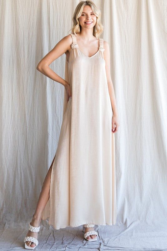 Beige Satin Side Slit Maxi Dress sold by Pinkblush