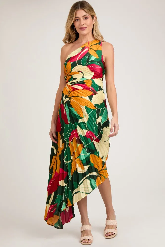 Multi-Color Floral Pleated Satin One Shoulder Asymmetrical Maternity Midi Dress sold by Pinkblush