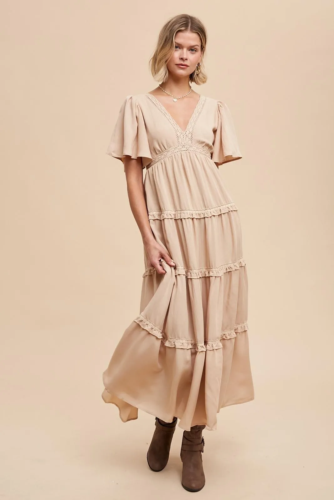 Beige Crochet Lace Tiered Maxi Dress sold by Pinkblush product image thumbnail 2