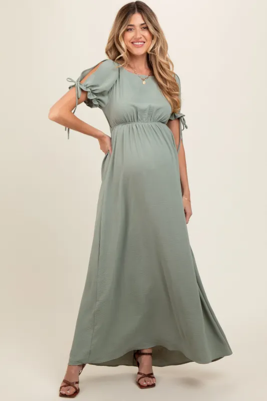 Light Olive Open Back Maternity Maxi Dress sold by Pinkblush