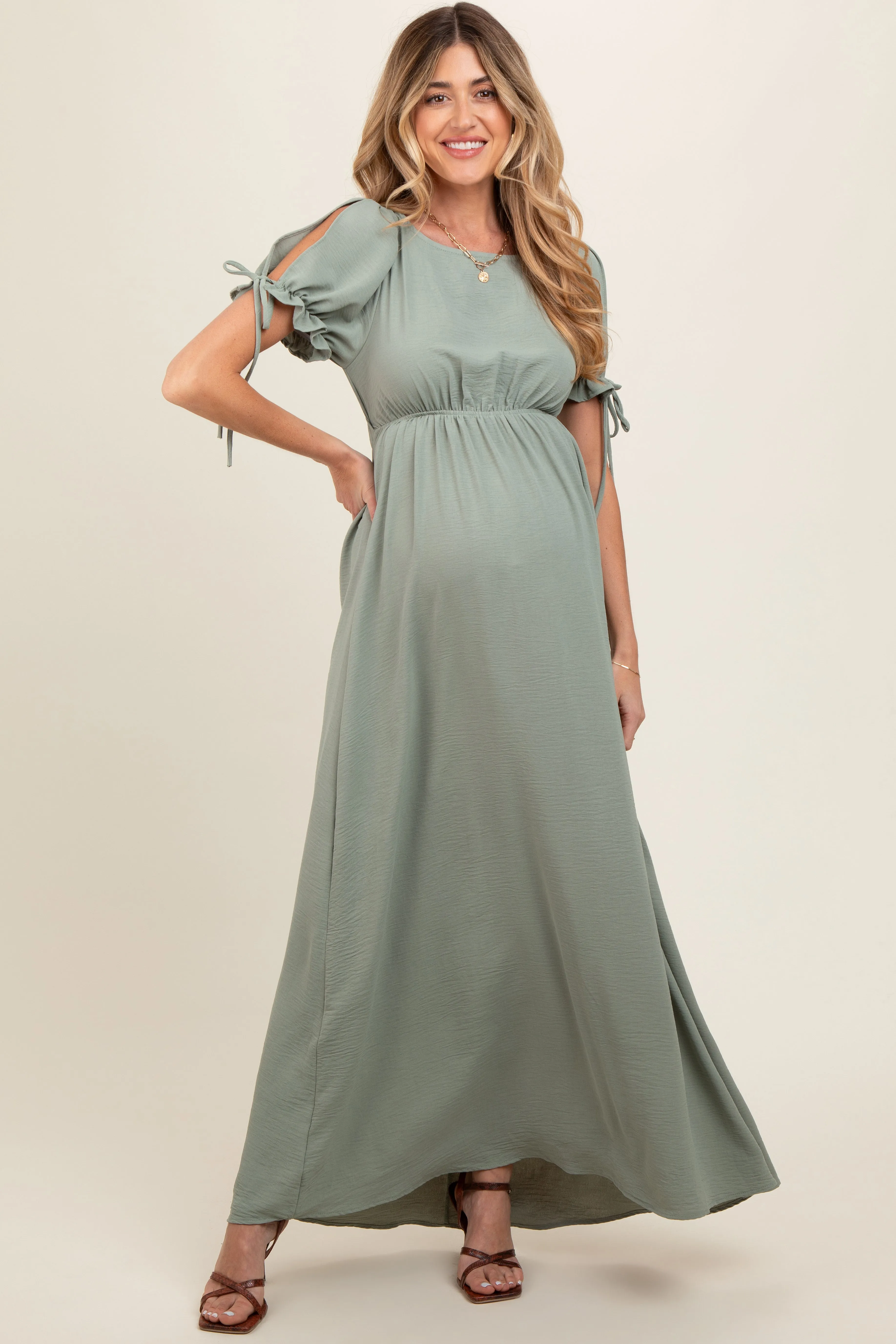 Light Olive Open Back Maternity Maxi Dress sold by Pinkblush