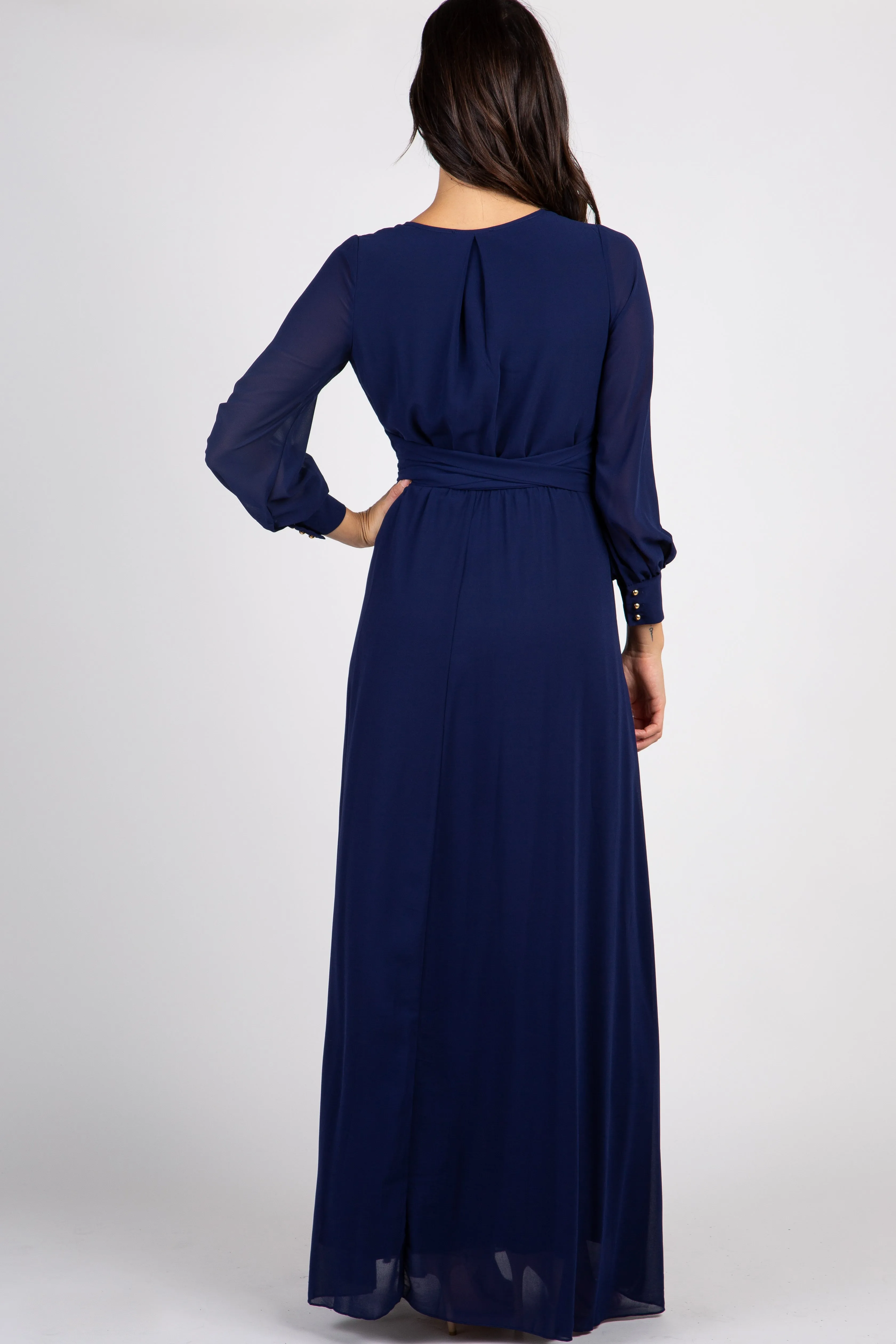 Navy Chiffon Long Sleeve Pleated Maxi Dress sold by Pinkblush product image thumbnail 3