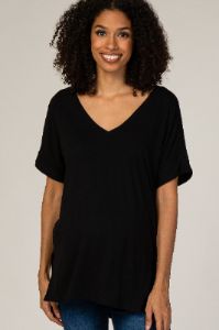 Black V-Neck Cuffed Short Sleeve Maternity Top sold by Pinkblush