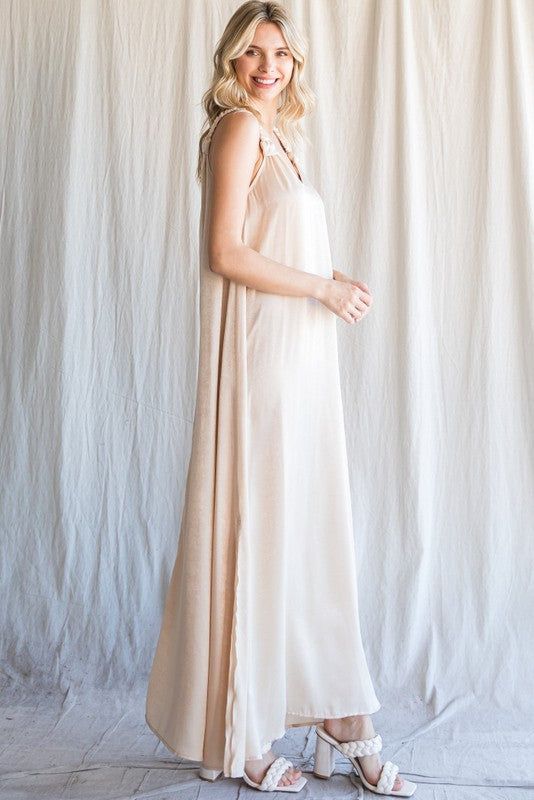 Beige Satin Side Slit Maxi Dress sold by Pinkblush product image thumbnail 2