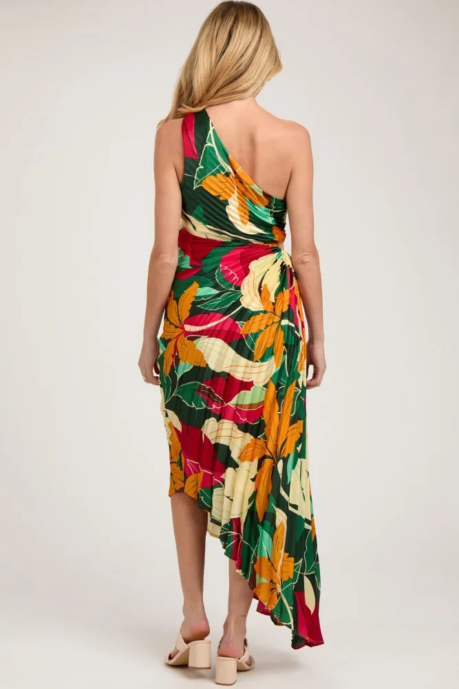 Multi-Color Floral Pleated Satin One Shoulder Asymmetrical Maternity Midi Dress sold by Pinkblush product image thumbnail 2