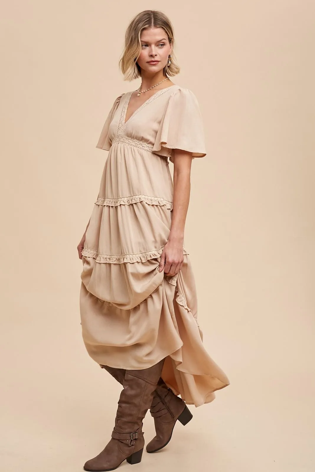 Beige Crochet Lace Tiered Maxi Dress sold by Pinkblush product image thumbnail 3