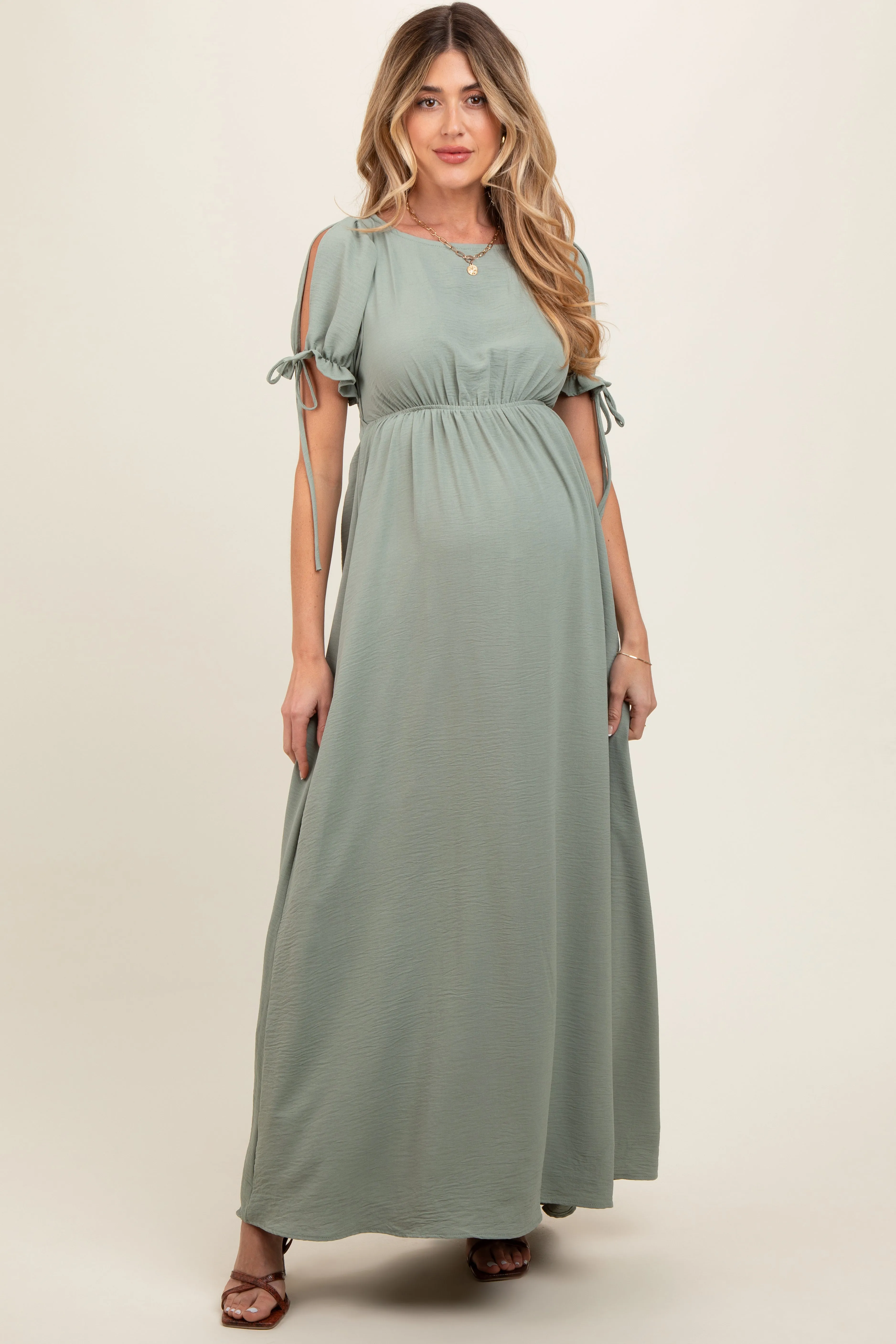 Light Olive Open Back Maternity Maxi Dress sold by Pinkblush product image thumbnail 2