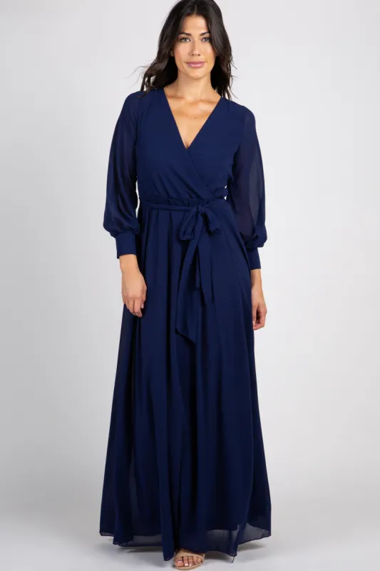 Navy Chiffon Long Sleeve Pleated Maxi Dress sold by Pinkblush