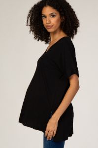 Black V-Neck Cuffed Short Sleeve Maternity Top sold by Pinkblush