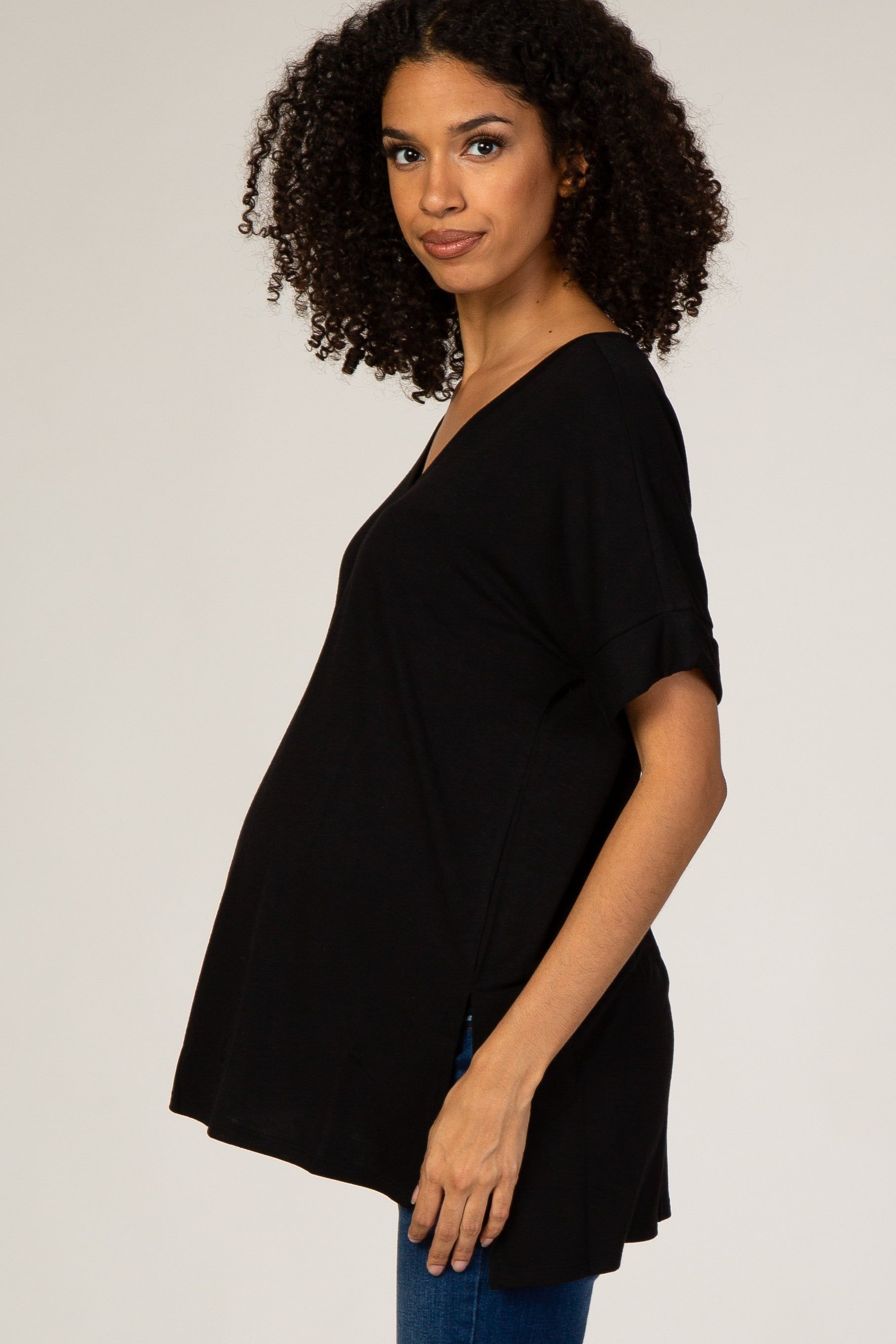 Black V-Neck Cuffed Short Sleeve Maternity Top sold by Pinkblush product image thumbnail 2
