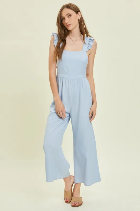 Powder Blue Wide Leg Linen Jumpsuit With Ruffled Straps sold by Pinkblush