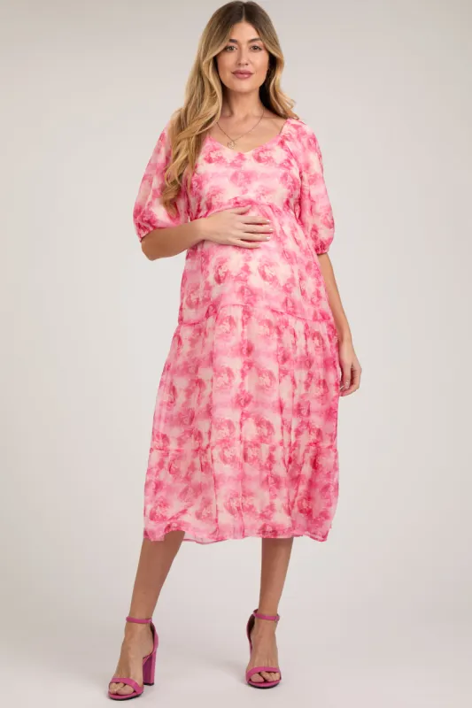 Fuchsia Watercolor Floral Maternity Midi Dress sold by Pinkblush