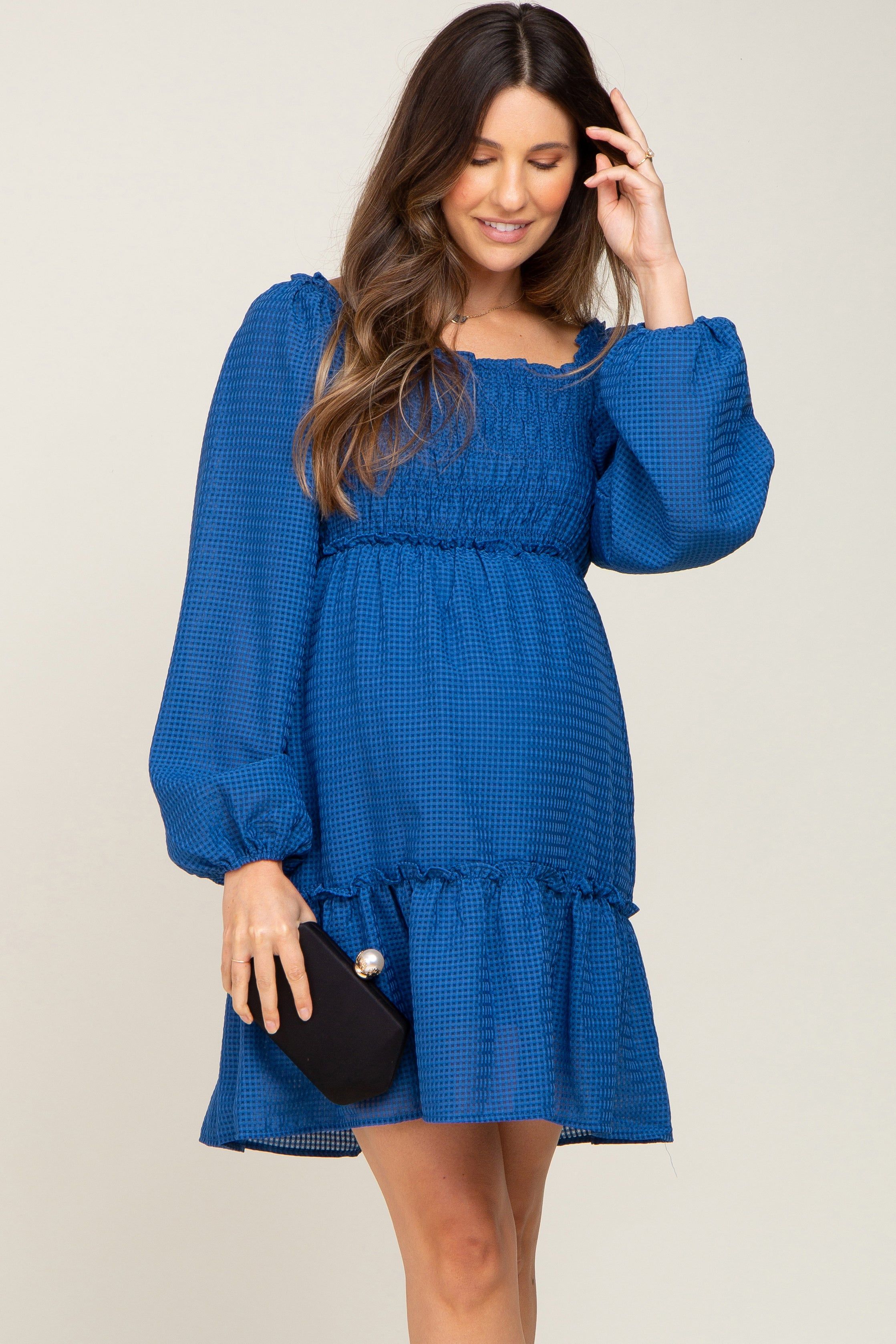 Royal Blue Textured Shirred Long Sleeve Maternity Dress sold by Pinkblush product image thumbnail 2