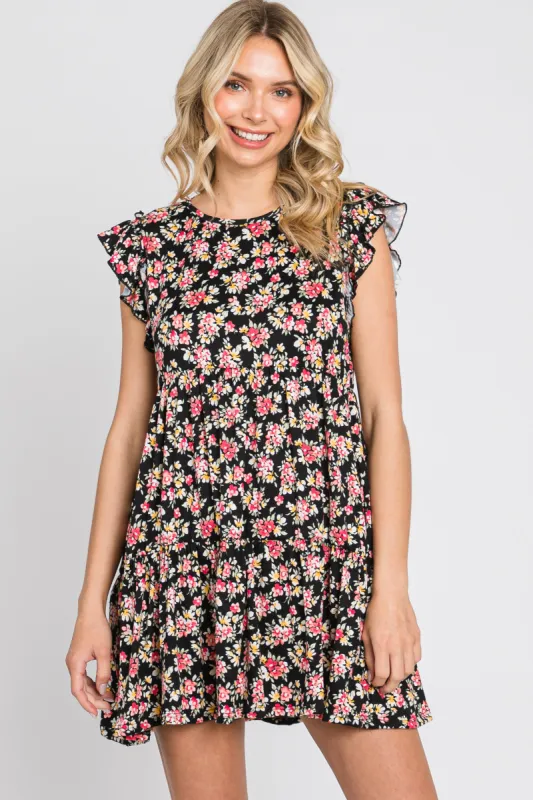 Black Floral Ruffle Accent Mini Dress sold by Pinkblush
