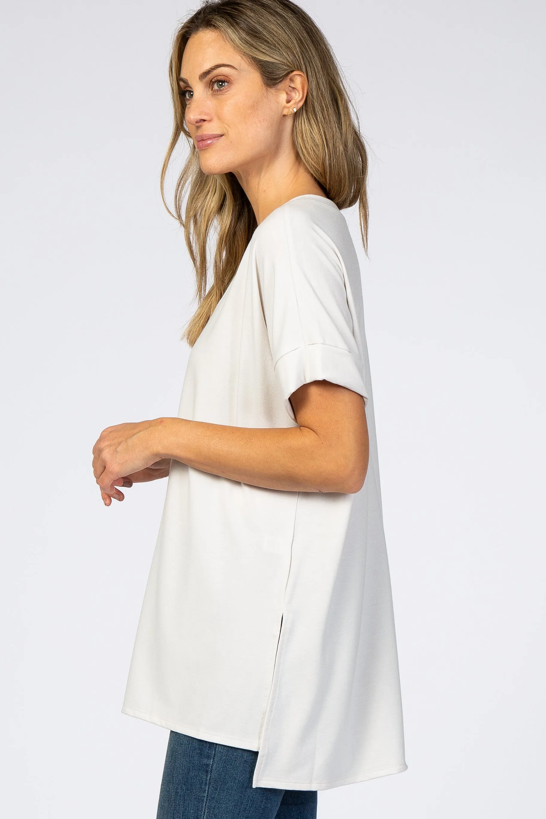 Light Beige V-Neck Cuffed Short Sleeve Top sold by Pinkblush product image thumbnail 2