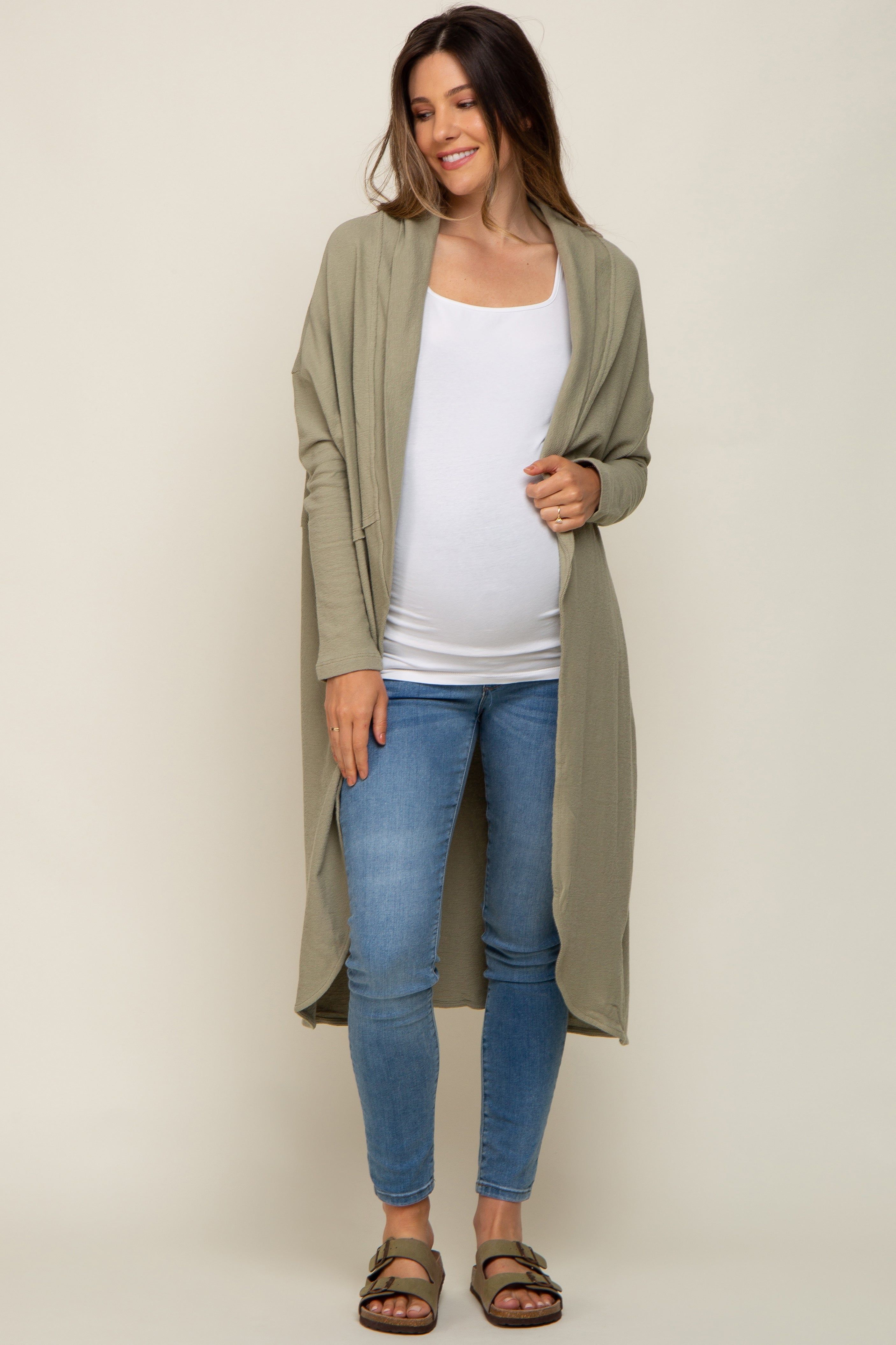 Light Olive Open Front Long Maternity Cardigan sold by Pinkblush