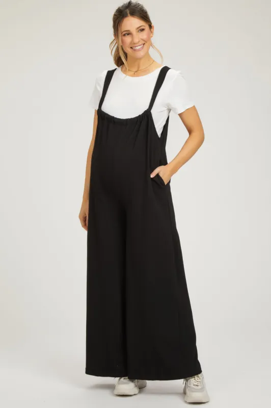 Black Ribbed Drawstring Wide Leg Maternity Jumpsuit sold by Pinkblush