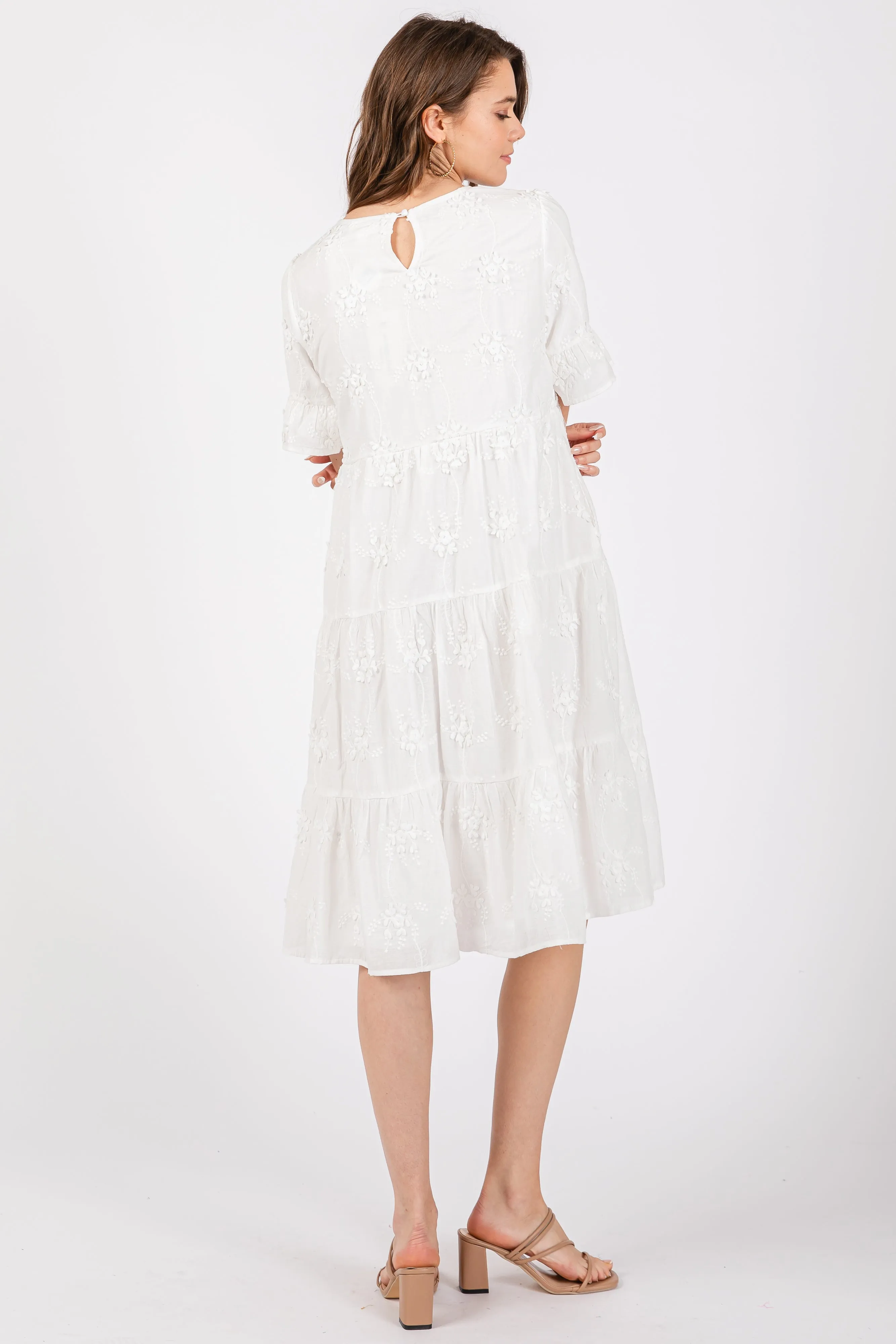 White Floral Embroidered Ruffle Short Sleeve Tiered Dress sold by Pinkblush product image thumbnail 3