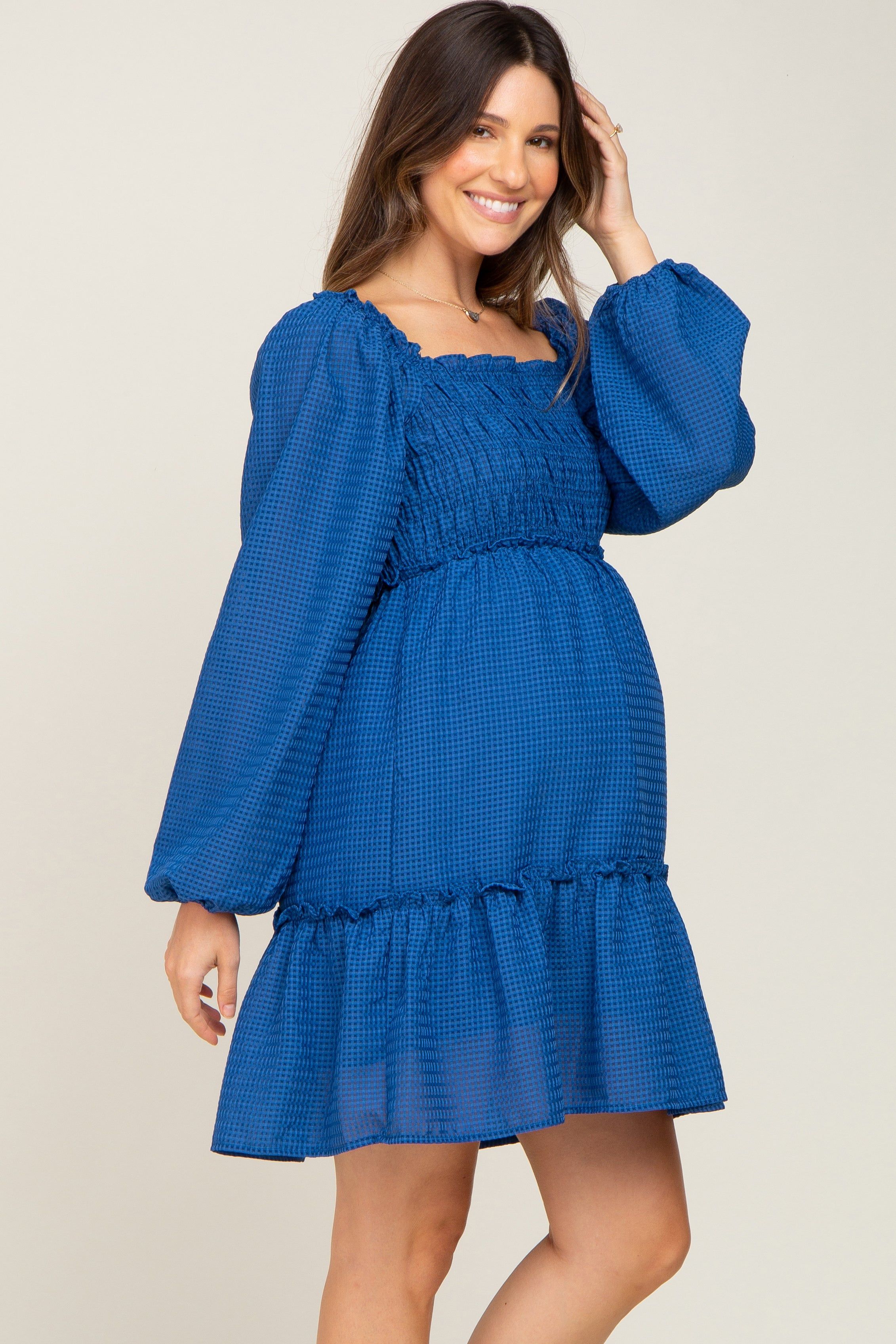 Royal Blue Textured Shirred Long Sleeve Maternity Dress sold by Pinkblush product image thumbnail 3