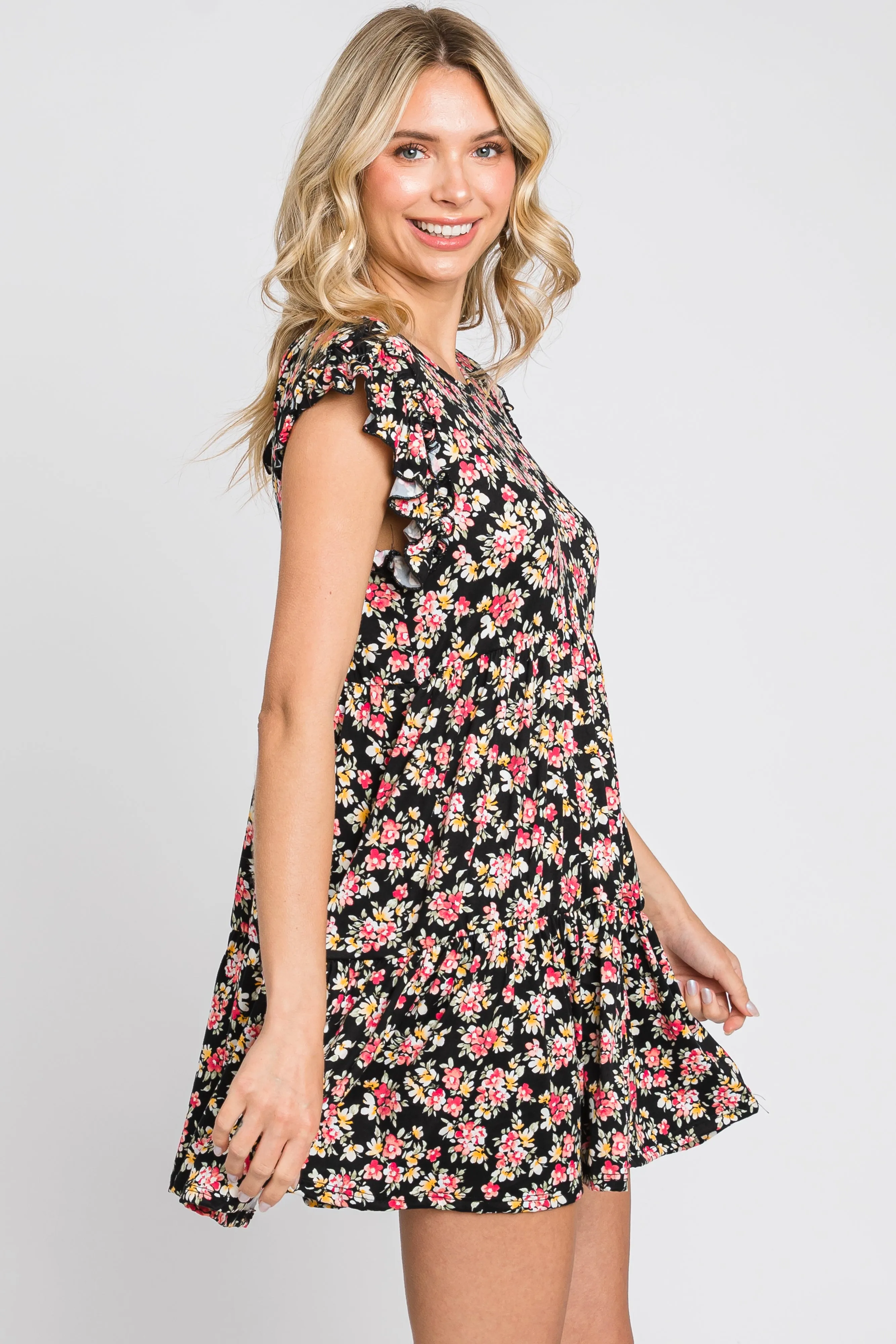 Black Floral Ruffle Accent Mini Dress sold by Pinkblush product image thumbnail 2