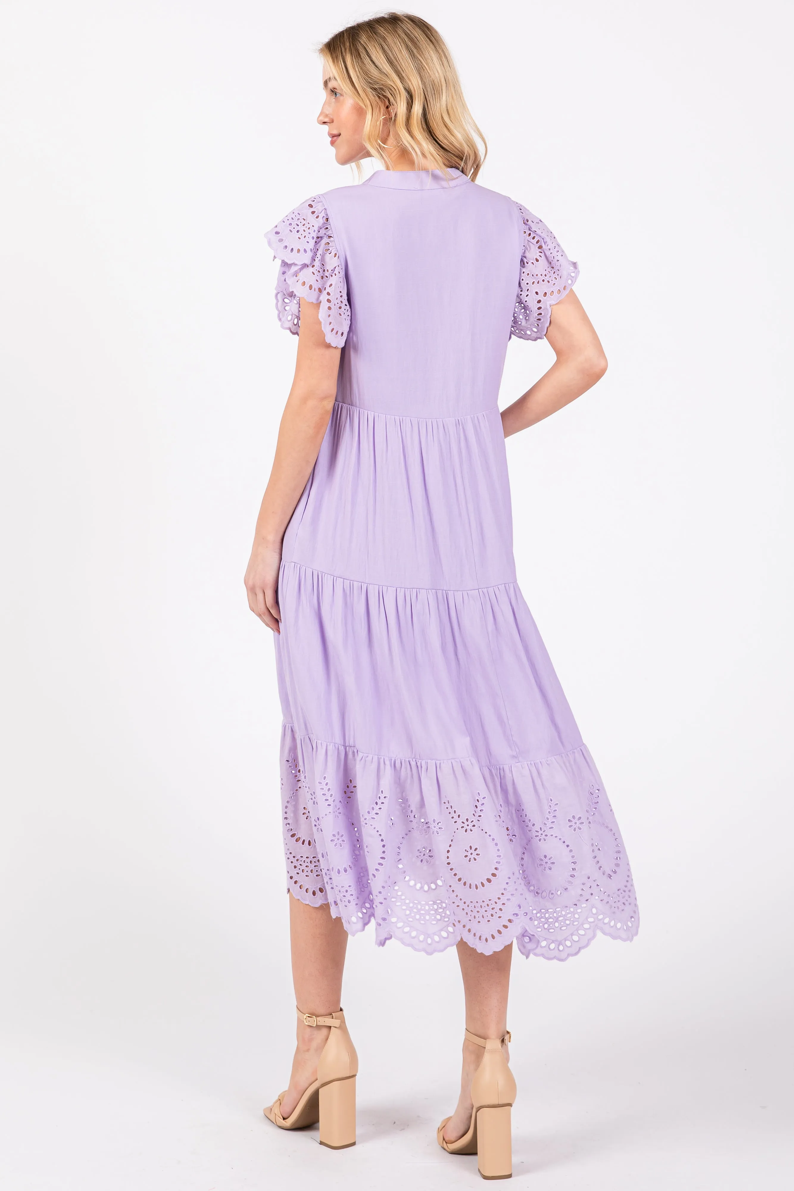 Lavender V-Neck Eyelet Detail Ruffle Shoulder Tiered Midi Dress sold by Pinkblush product image thumbnail 3