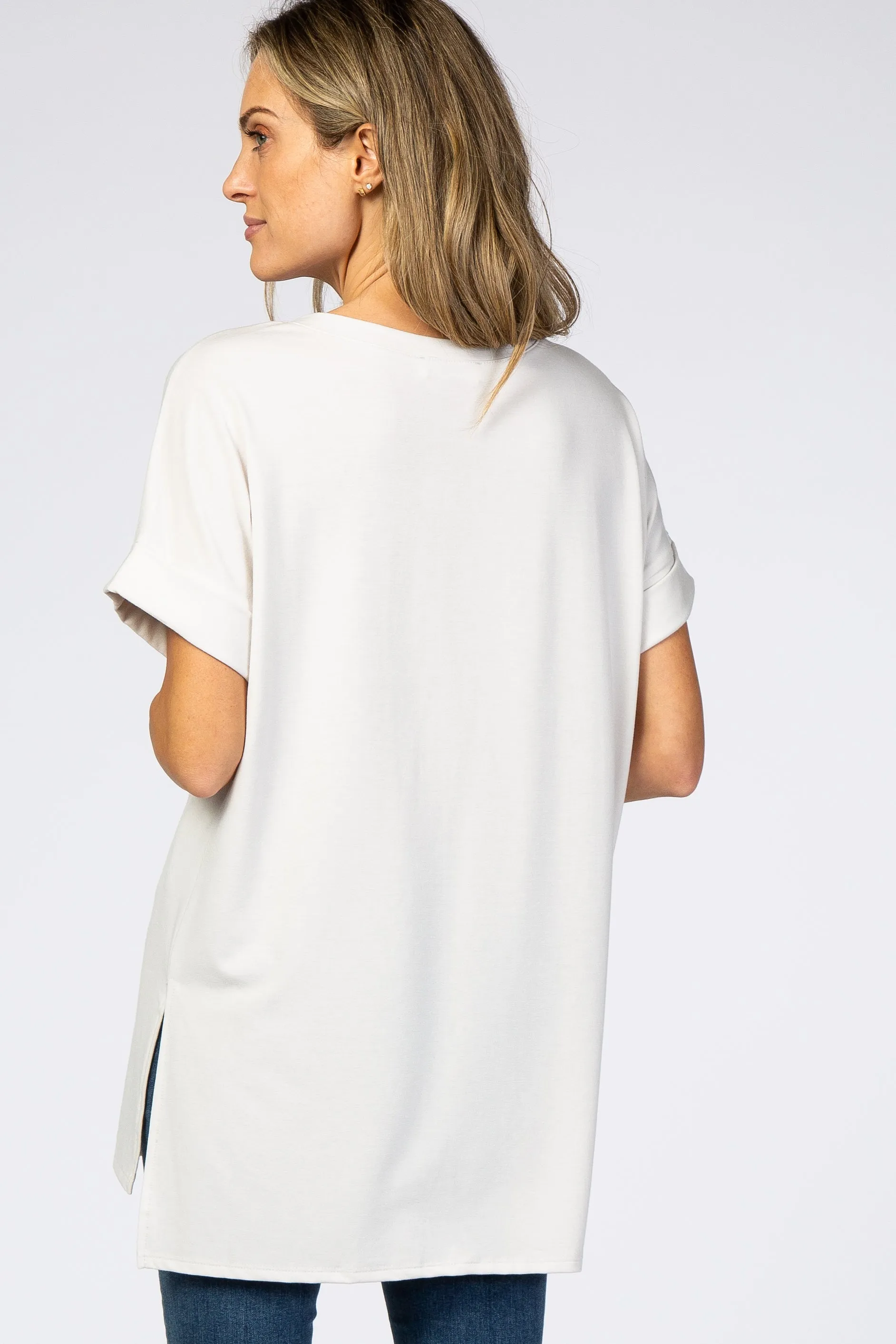 Light Beige V-Neck Cuffed Short Sleeve Top sold by Pinkblush product image thumbnail 3