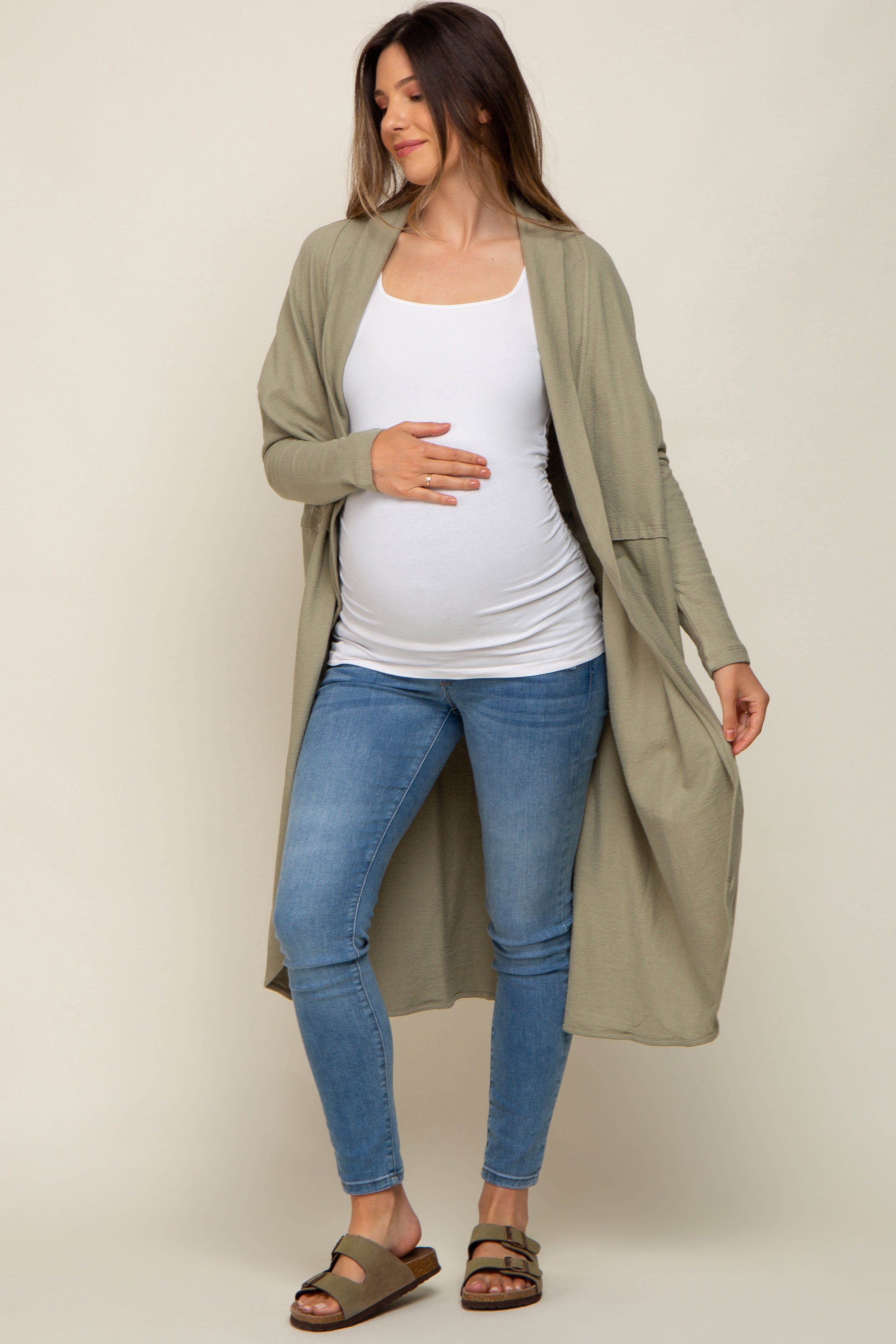 Light Olive Open Front Long Maternity Cardigan sold by Pinkblush product image thumbnail 2