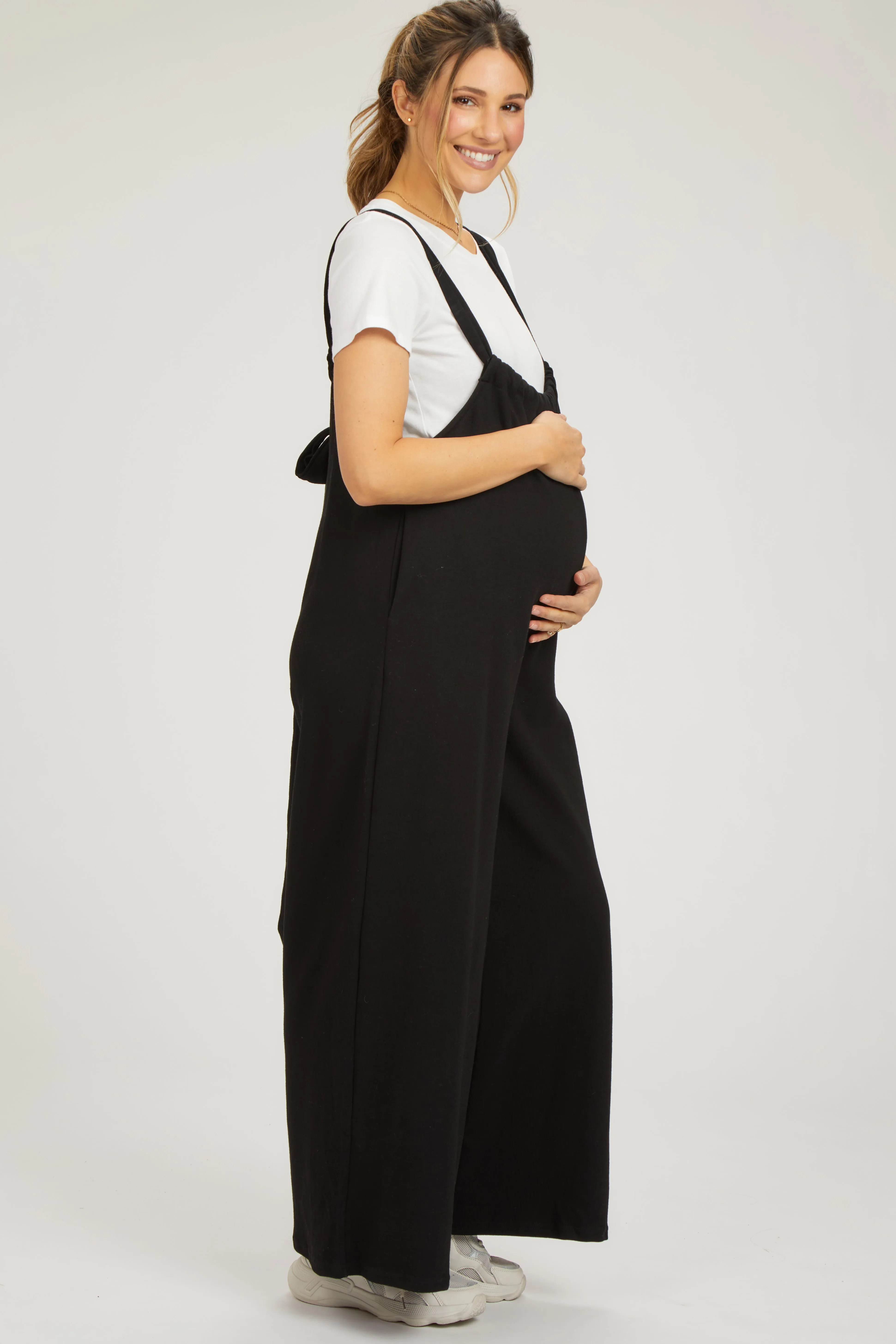 Black Ribbed Drawstring Wide Leg Maternity Jumpsuit sold by Pinkblush product image thumbnail 2