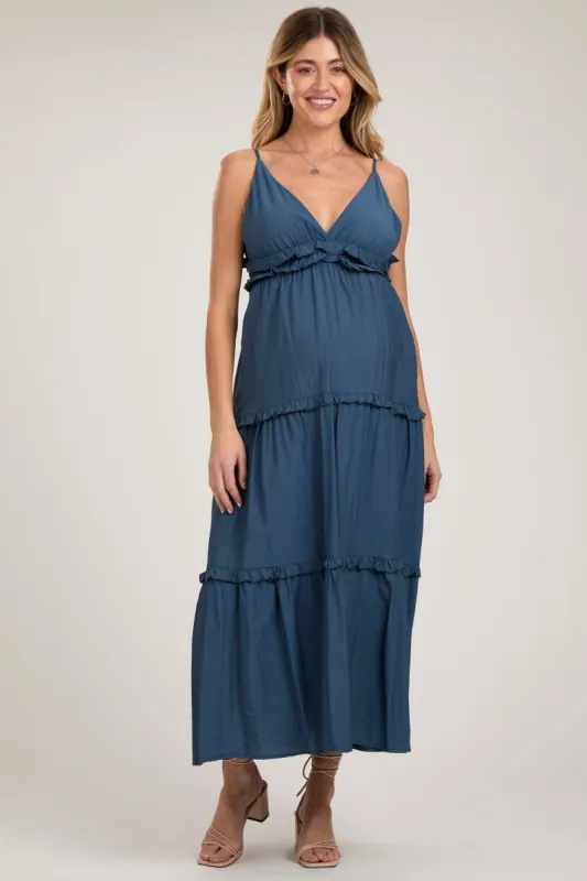 Navy Blue Striped Ruffle Tiered Maternity Maxi Dress sold by Pinkblush