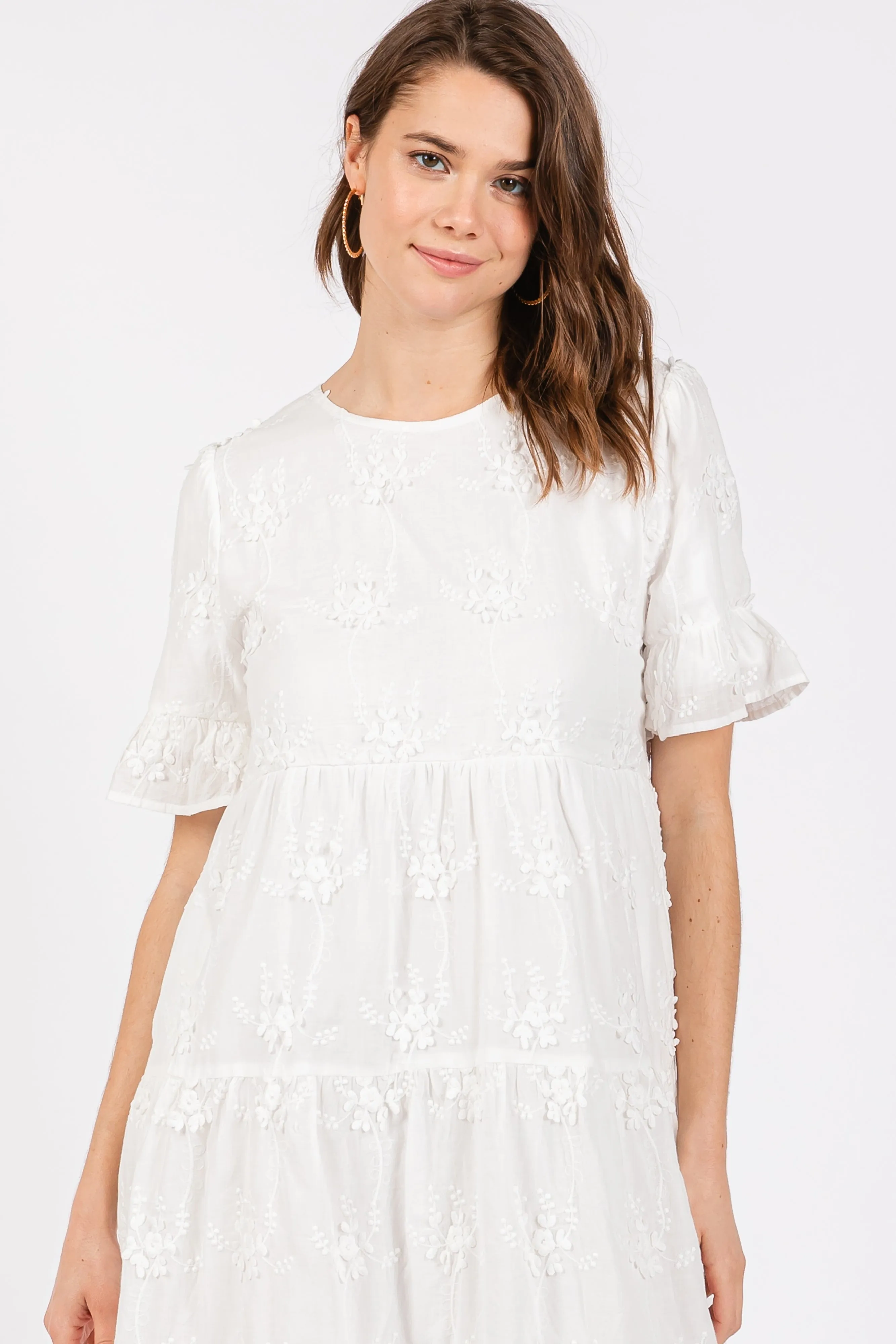 White Floral Embroidered Ruffle Short Sleeve Tiered Dress sold by Pinkblush product image thumbnail 4