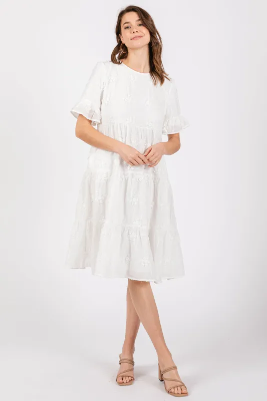 White Floral Embroidered Ruffle Short Sleeve Tiered Dress sold by Pinkblush