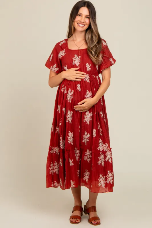 Rust Floral Print Ruffle Hem Maternity Midi Dress sold by Pinkblush