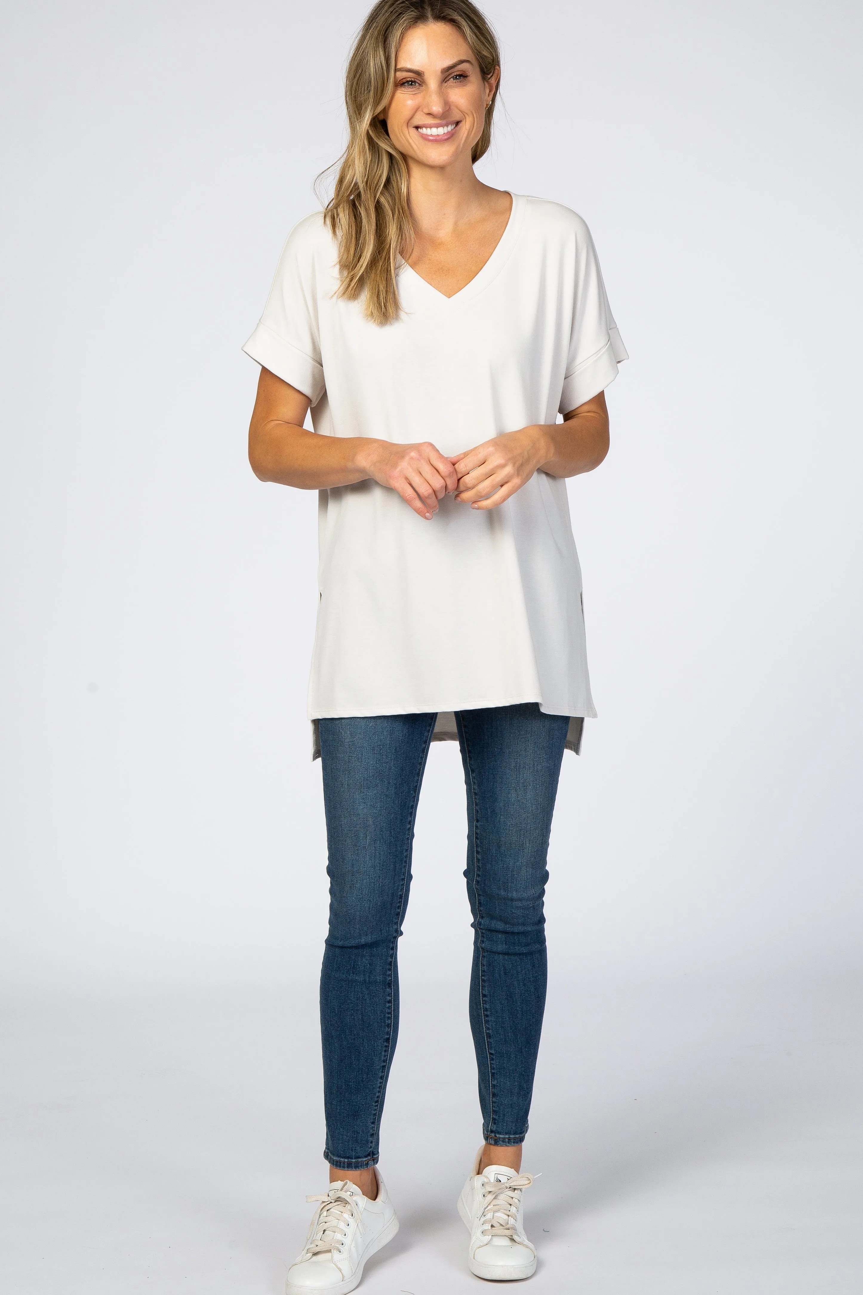 Light Beige V-Neck Cuffed Short Sleeve Top sold by Pinkblush product image thumbnail 4