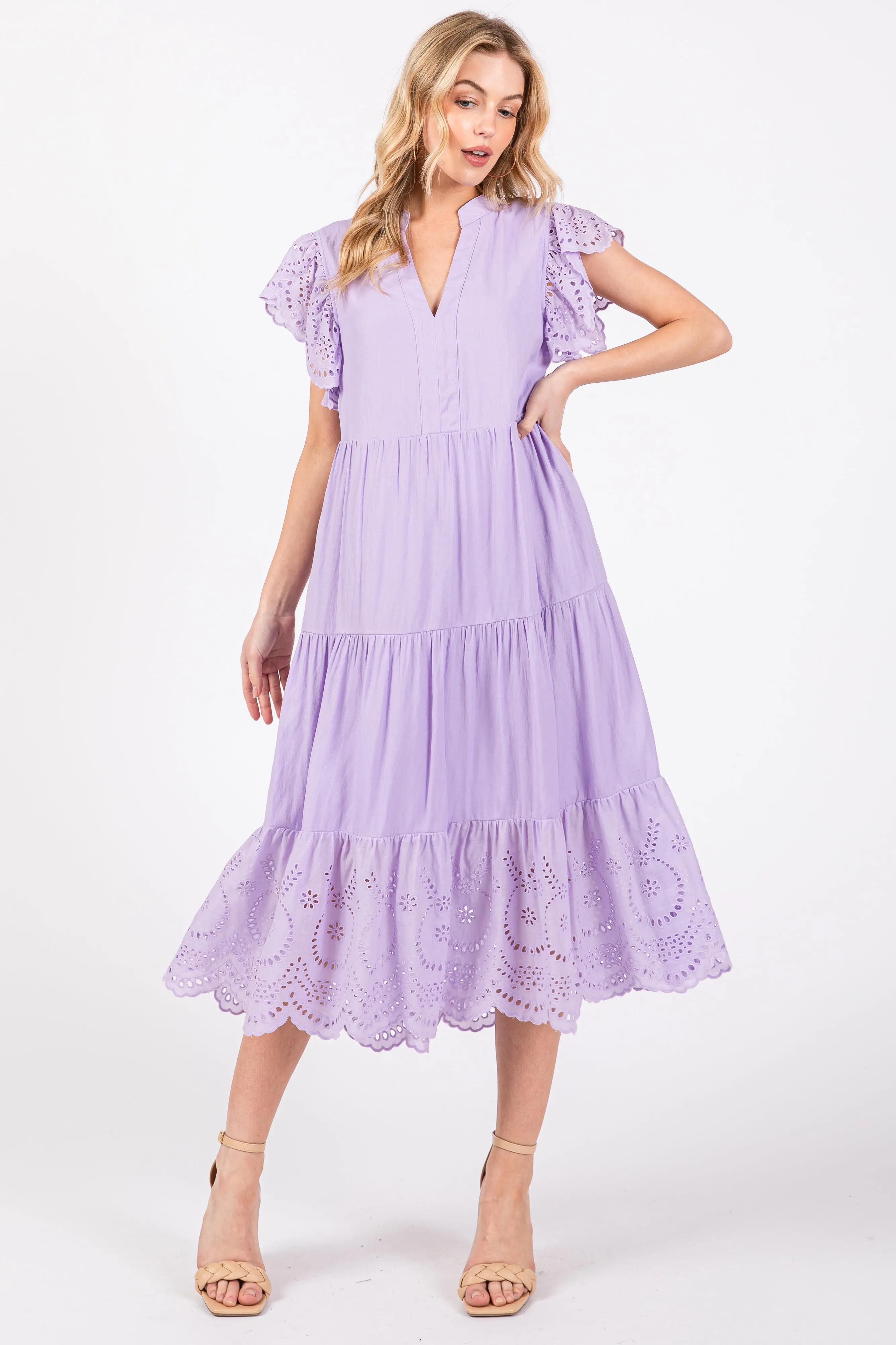 Lavender V-Neck Eyelet Detail Ruffle Shoulder Tiered Midi Dress sold by Pinkblush