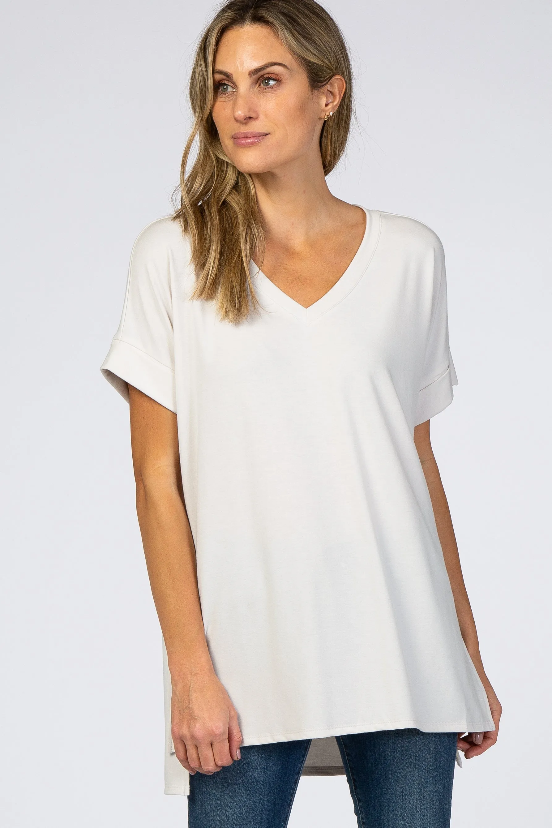 Light Beige V-Neck Cuffed Short Sleeve Top sold by Pinkblush