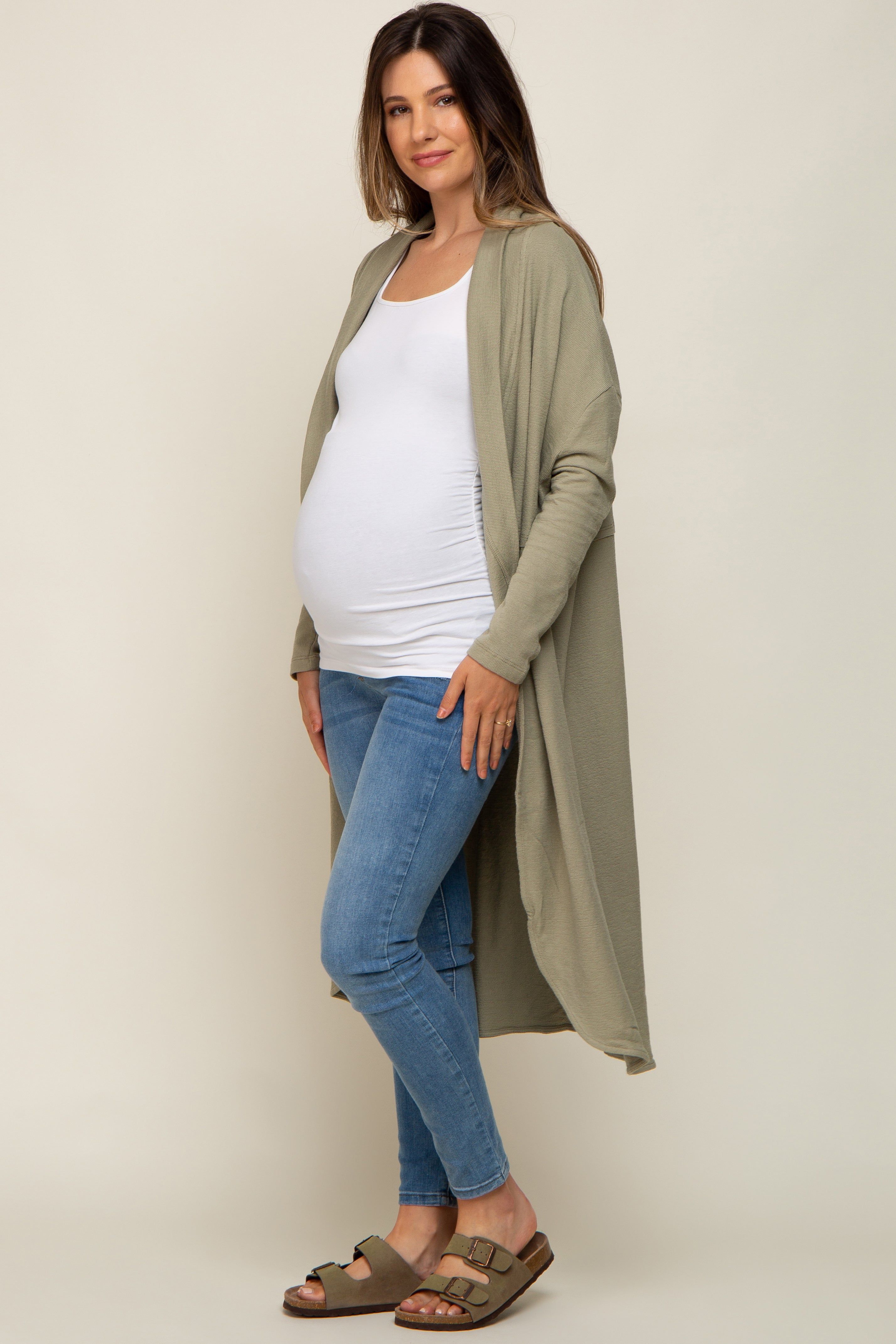 Light Olive Open Front Long Maternity Cardigan sold by Pinkblush product image thumbnail 3
