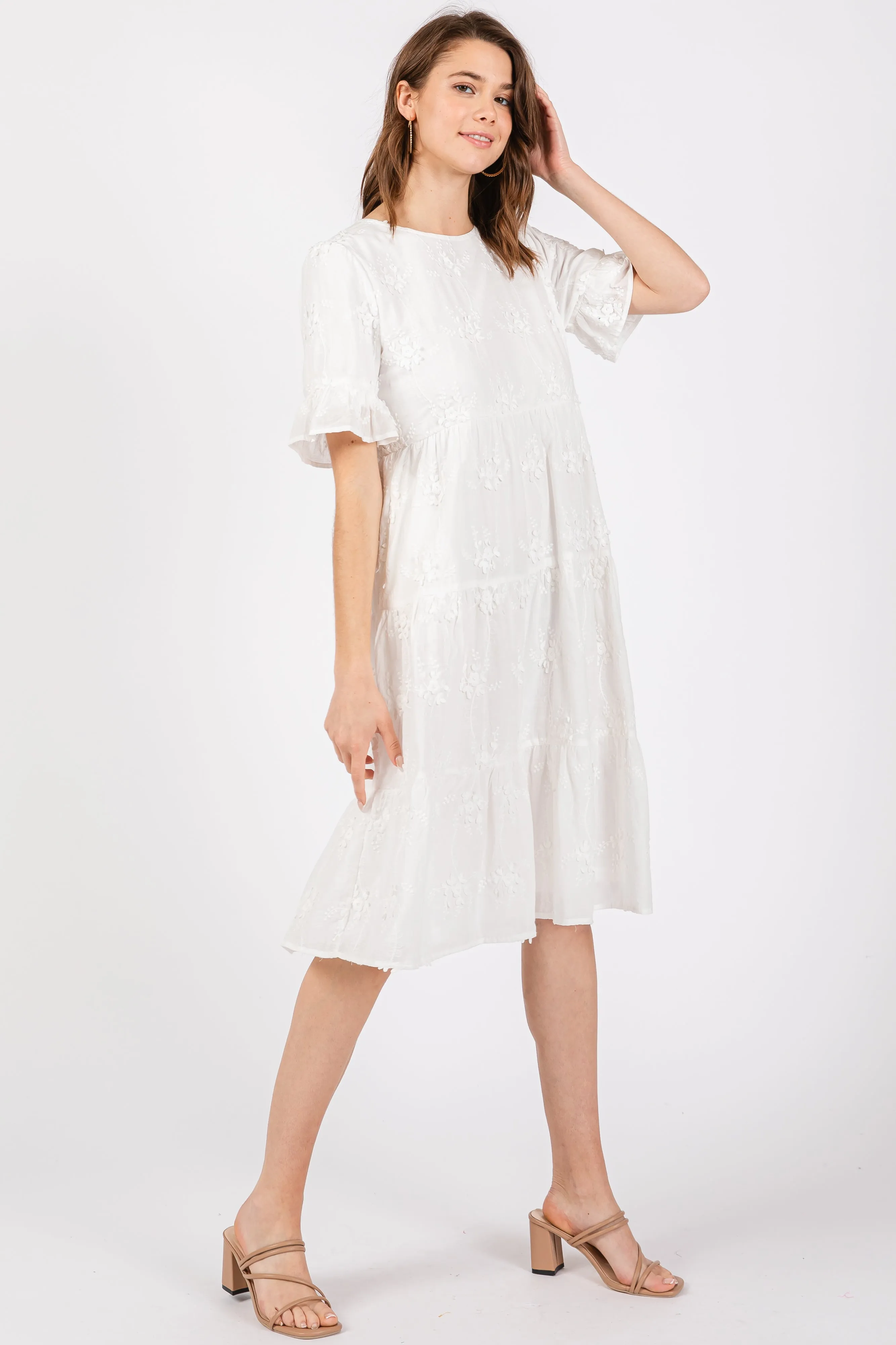 White Floral Embroidered Ruffle Short Sleeve Tiered Dress sold by Pinkblush product image thumbnail 2