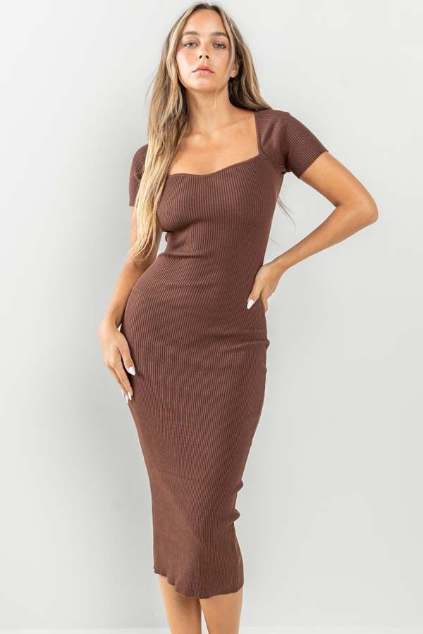 Brown Ribbed Midi Dress sold by Pinkblush
