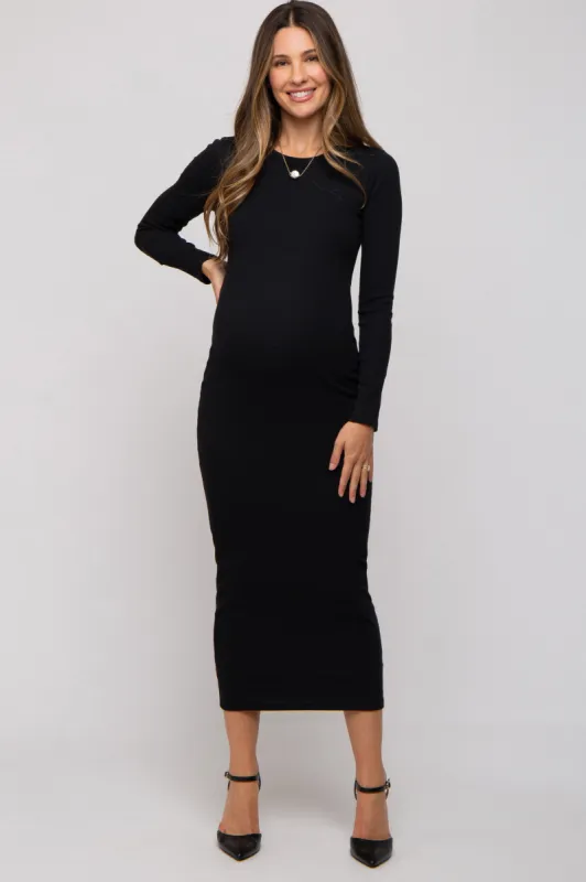 Black Ribbed Fitted Long Sleeve Maternity Midi Dress sold by Pinkblush