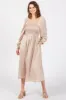 Beige Smocked Square Neck Satin Maternity Midi Dress sold by Pinkblush