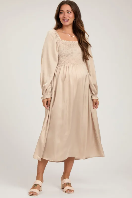 Beige Smocked Square Neck Satin Maternity Midi Dress sold by Pinkblush