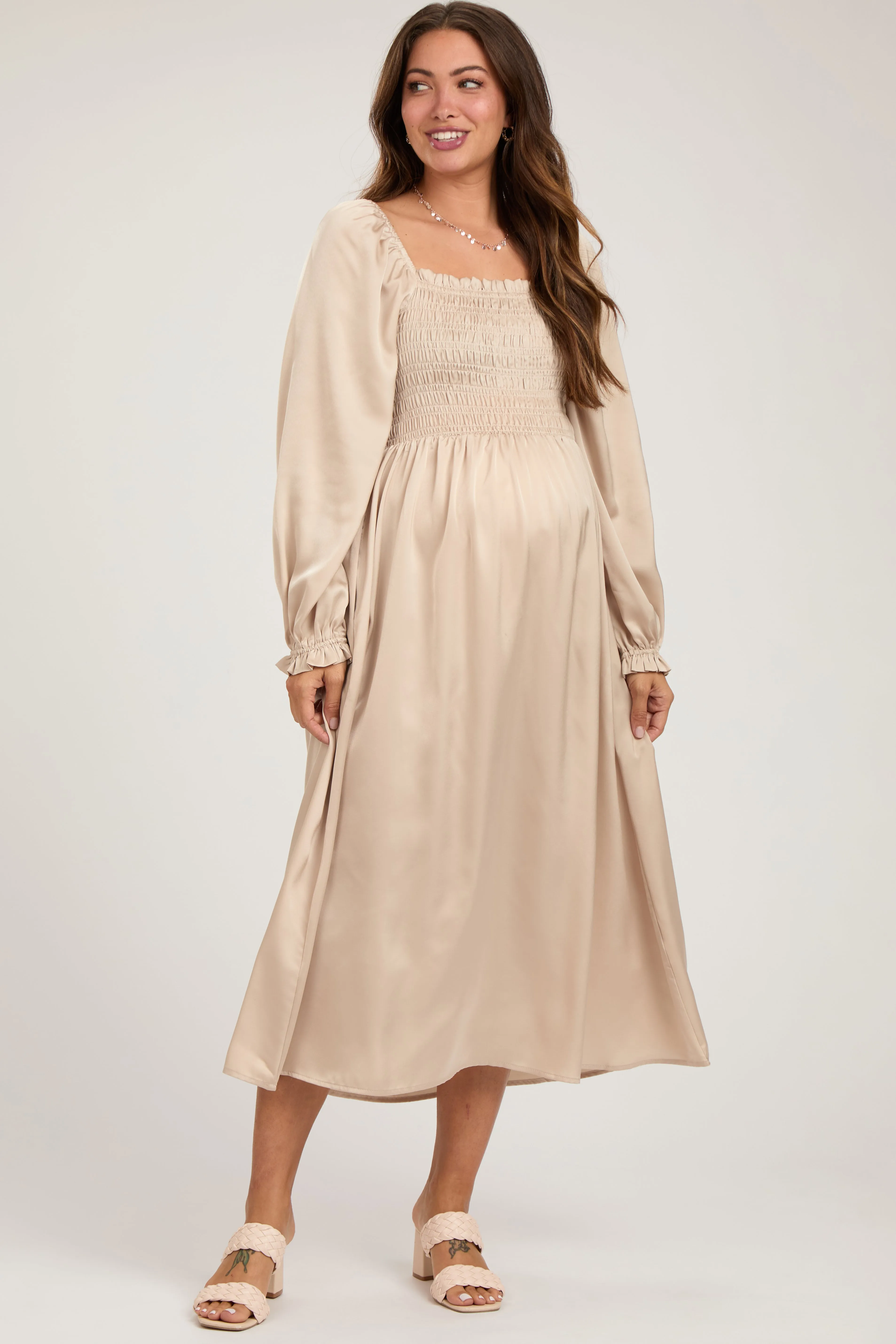 Beige Smocked Square Neck Satin Maternity Midi Dress sold by Pinkblush