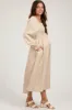 Beige Smocked Square Neck Satin Maternity Midi Dress sold by Pinkblush