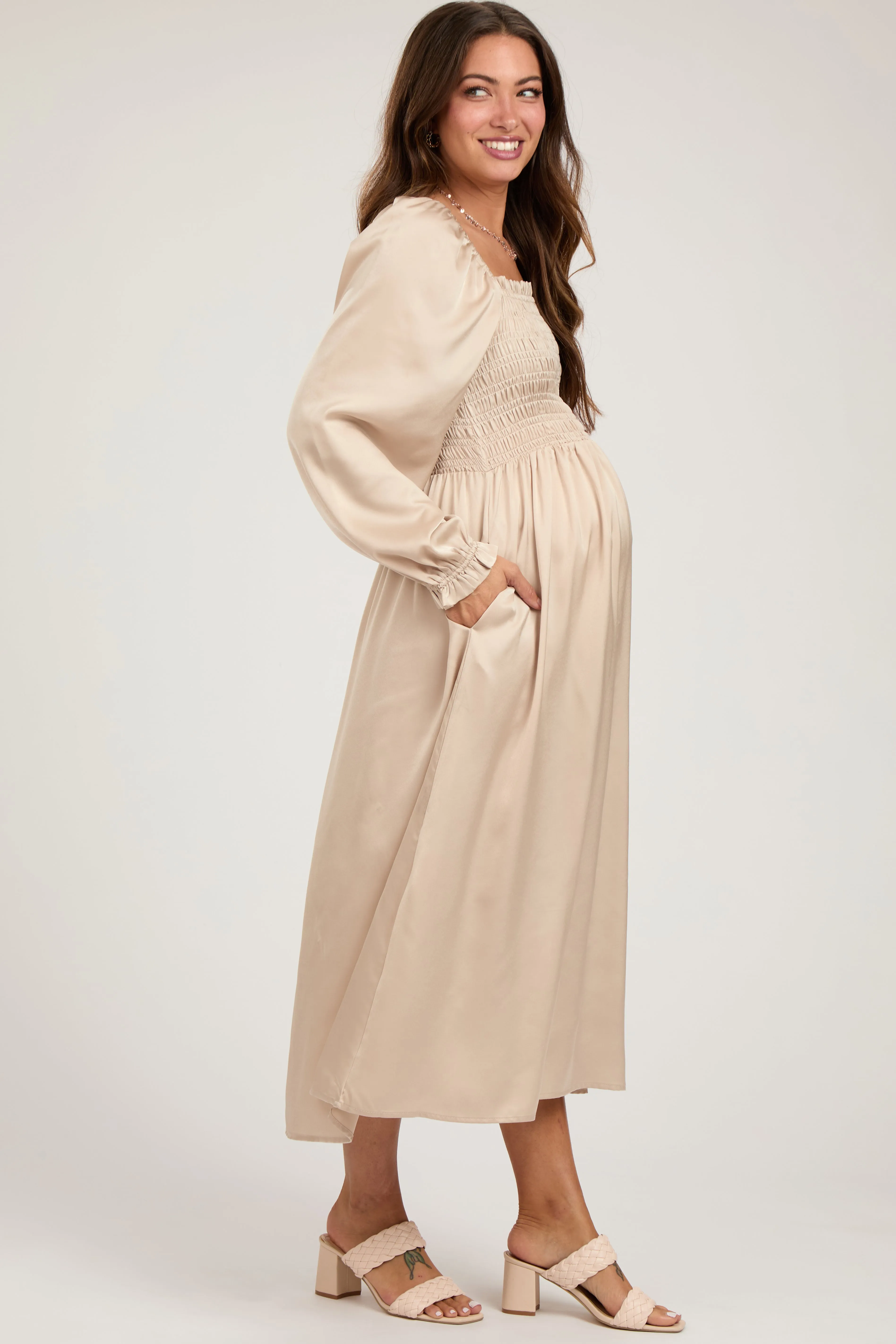 Beige Smocked Square Neck Satin Maternity Midi Dress sold by Pinkblush product image thumbnail 2
