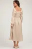 Beige Smocked Square Neck Satin Maternity Midi Dress sold by Pinkblush