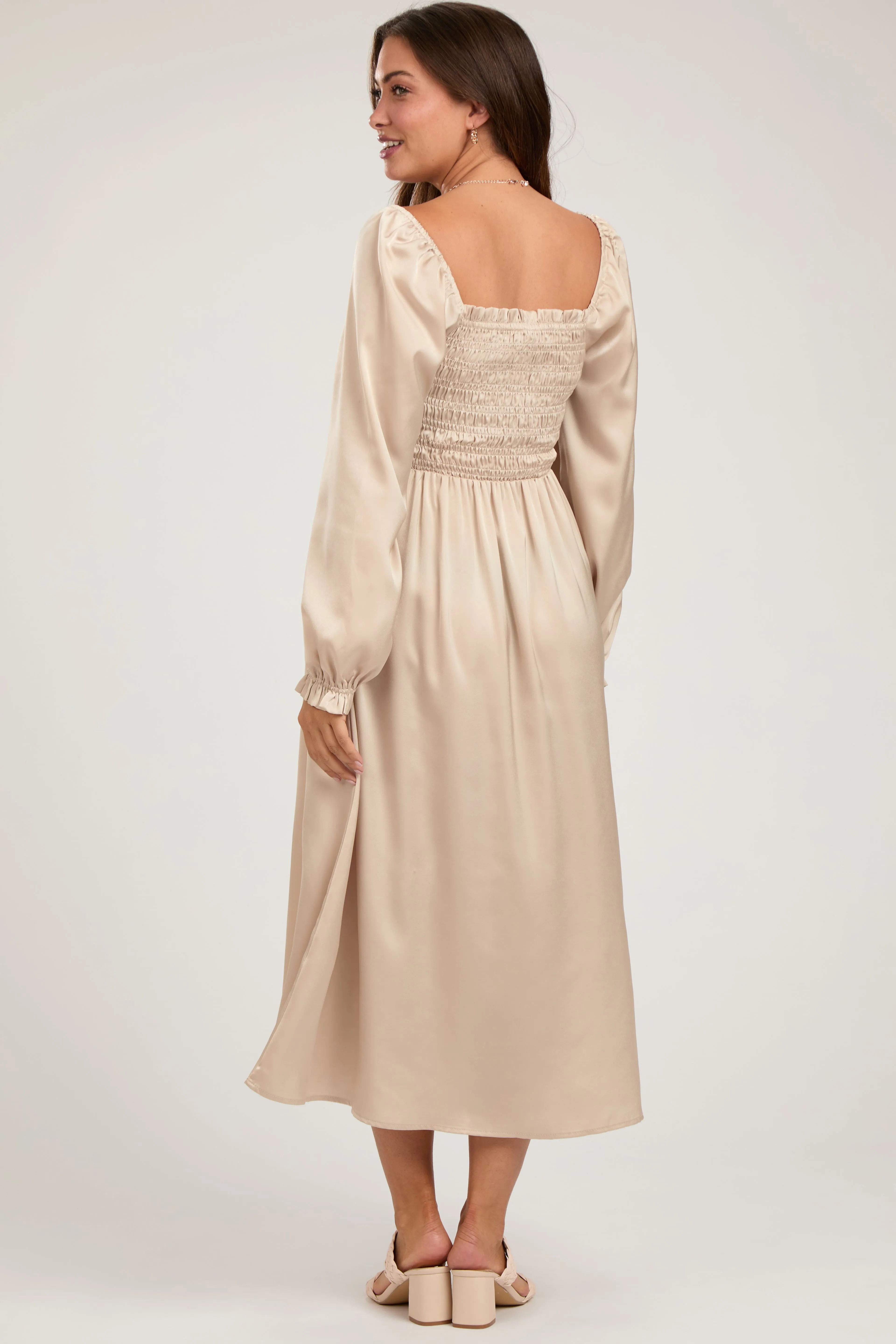 Beige Smocked Square Neck Satin Maternity Midi Dress sold by Pinkblush product image thumbnail 3