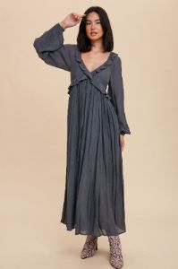 Charcoal Long Sleeve Ruffle Accent Maxi Dress sold by Pinkblush