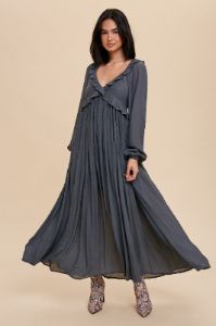 Charcoal Long Sleeve Ruffle Accent Maxi Dress sold by Pinkblush
