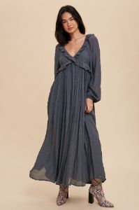 Charcoal Long Sleeve Ruffle Accent Maxi Dress sold by Pinkblush