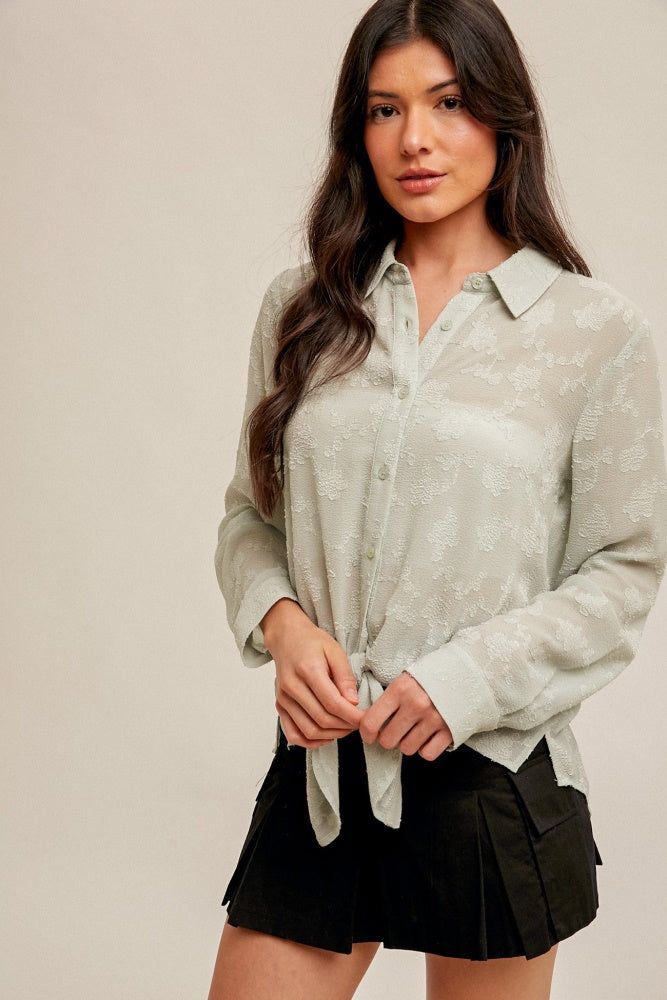 Mint Tie Waist Chiffon Jacquard Button Down Blouse sold by Pinkblush product image thumbnail 2